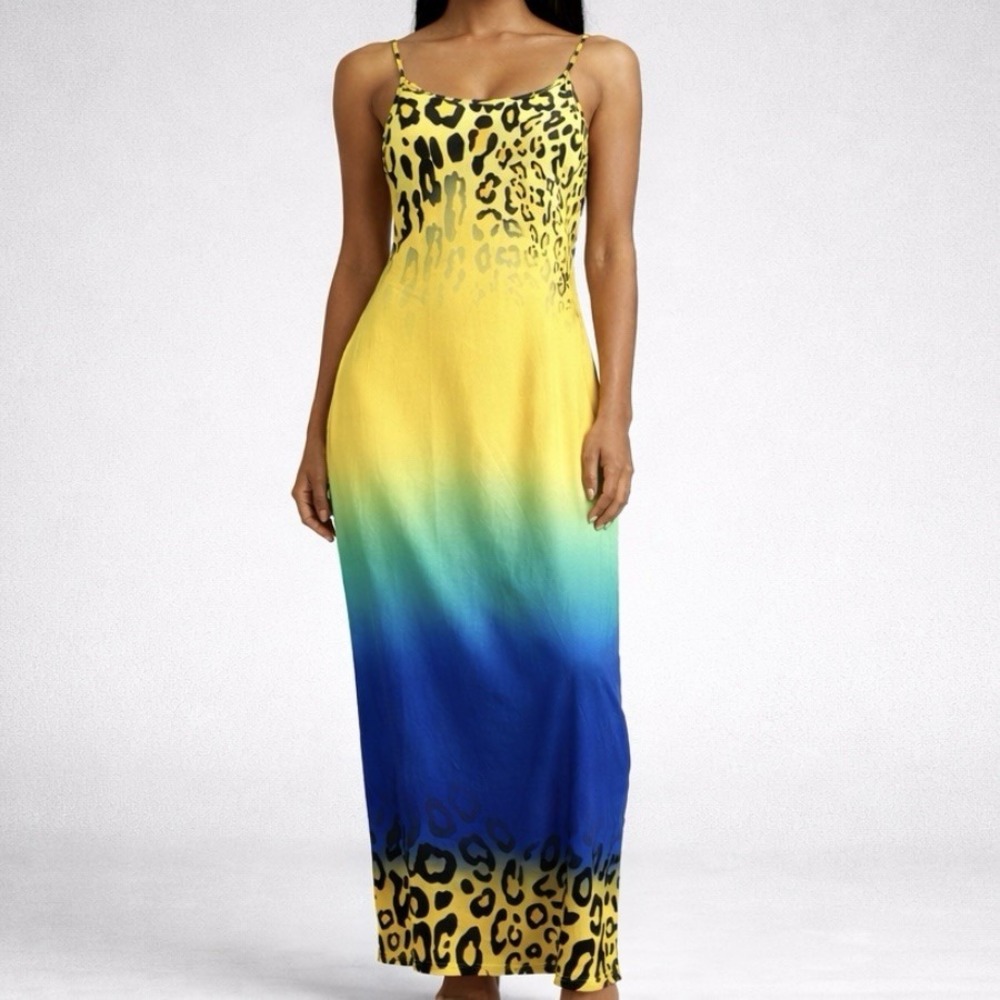 Women S Yellow Blue Ombré‎ Leopard Maxi Dress Stretch Cruise Vacation Beach New